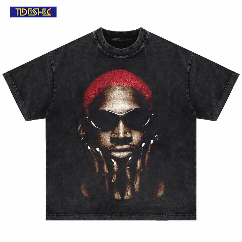 Fashion Vintage Washed Short Sleeve Summer T-Shirt Men Hip Hop Streetwear Dennis Rodman Portrait Print T Shirt Cotton Casual Tee