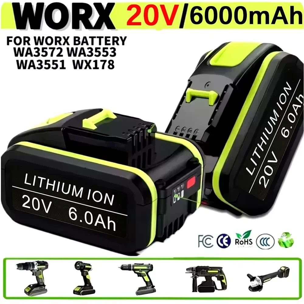 

6.0Ah For WORX 20V high-capacity Lithium-ion Battery WA3551 WA3551.1 WA3553 WA3641 WX373 WX390 Rechargeable Battery Tool