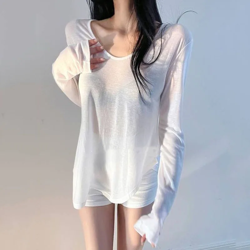 Xpqbb Black White Loose Sunscreen Shirt Women Sexy V-neck See Through Long Sleeve T Shirt Casual Simple Breathable Pullovers