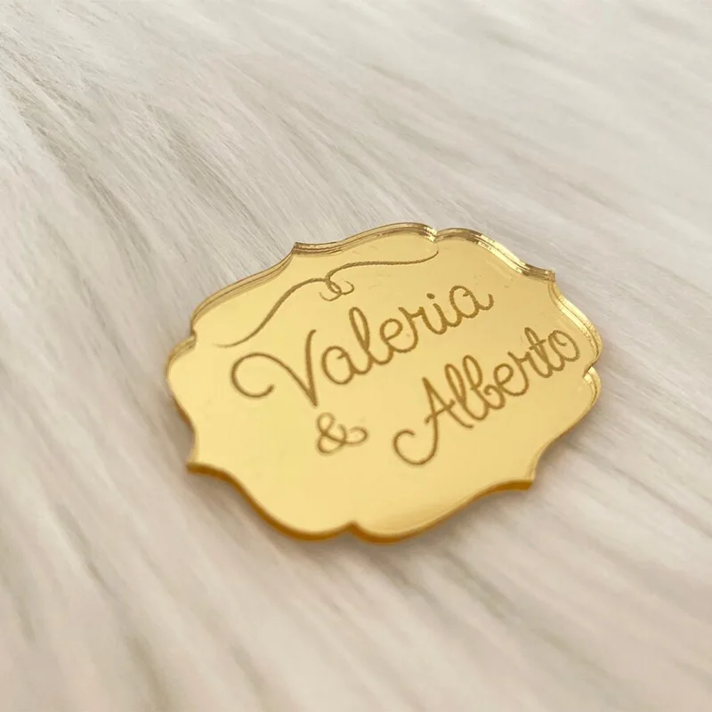 Personalized Engraved Golden Mirror Acrylic Wedding Name Tag Label Custom Party Baby Shower Boutique Box Decoration