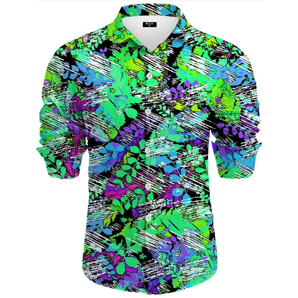 Mens Floral Graphic Long Sleeve Button Down Shirt Casual Leaf Printed Rainbow Pattern Women 3D Shirts With Pocket Shirts