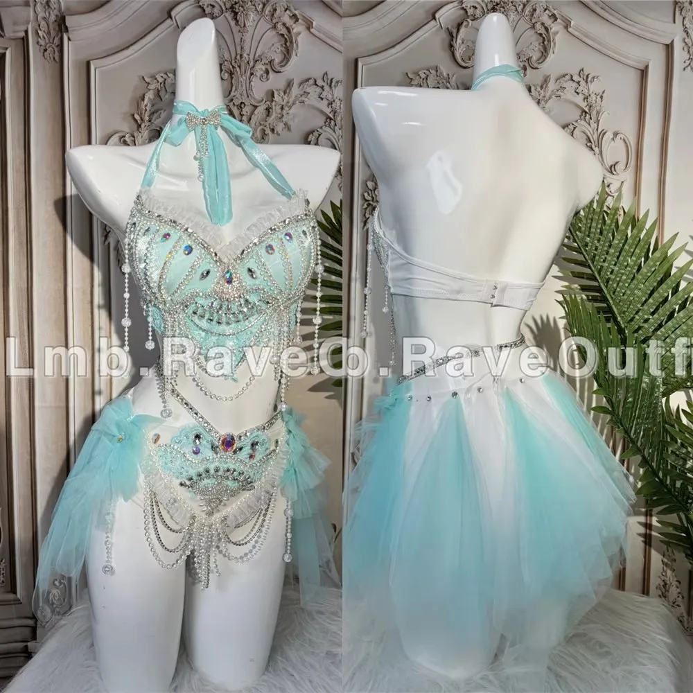 비키니 라인스톤 프린지 반짝이는 나이트클럽 DJ 댄서 폴댄스 의상 럭셔리 전자 음악 페스티벌 사진 촬영 의류