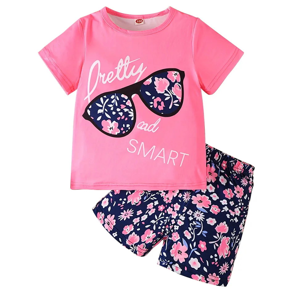 Casual Summer Clothing Set for Girls Eyeglass Print T-Shirt and Flower Shorts 2-Piece Outfit Children Casual School Clothes 2024