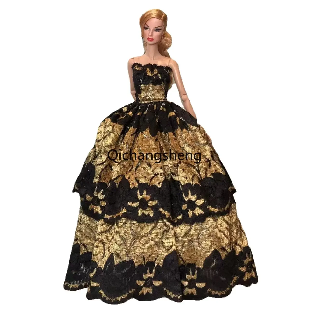 1/6 BJD Black Golden Floral Wedding Dress For Barbie Doll Clothes For Barbie Dress Princess Gown 11.5