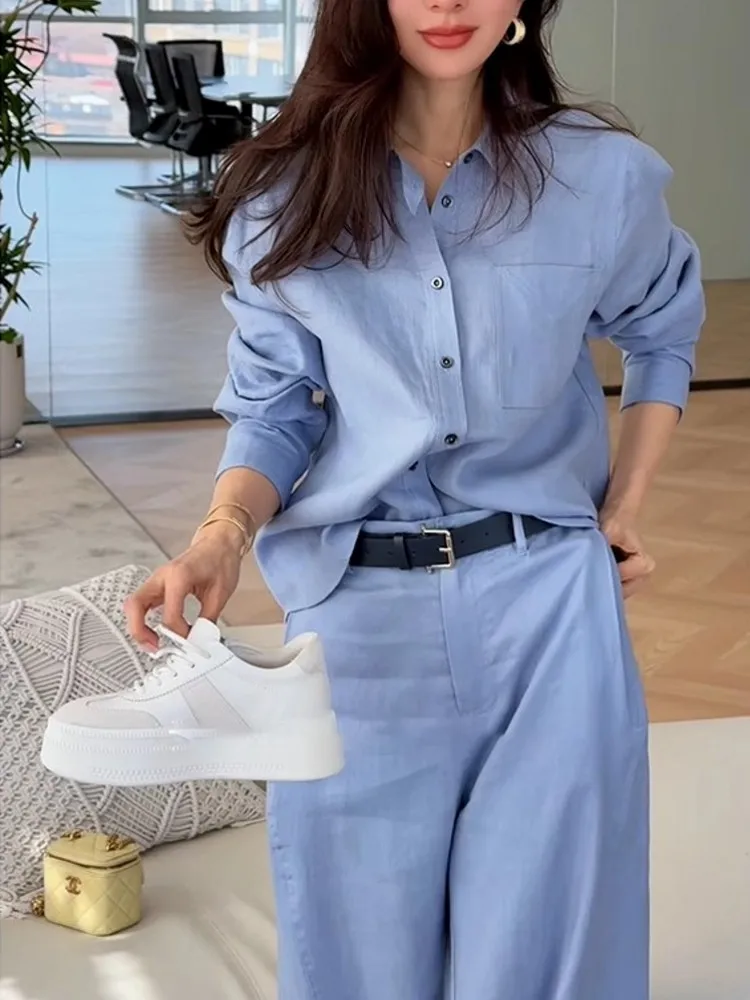 Summer Women Long Sleeve Shirt Wide Leg Pants Two Piece Set Office Lady Cotton Linen Work Outfits Comfortable Matching Suit Sets