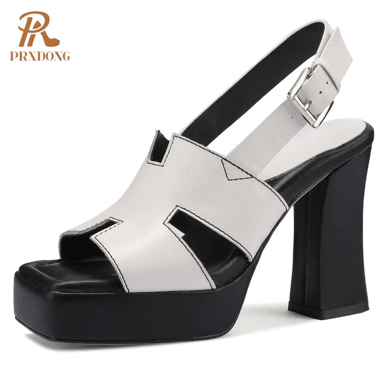 PRXDONG Genuine Leather Summer Shoes Woman Sandals Chunky HIgh Heels Platform Black White Dress Party Female Pumps Size 34-40