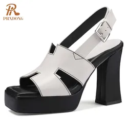 PRXDONG Genuine Leather Summer Shoes Woman Sandals Chunky HIgh Heels Platform Black White Dress Party Female Pumps Size 34-40