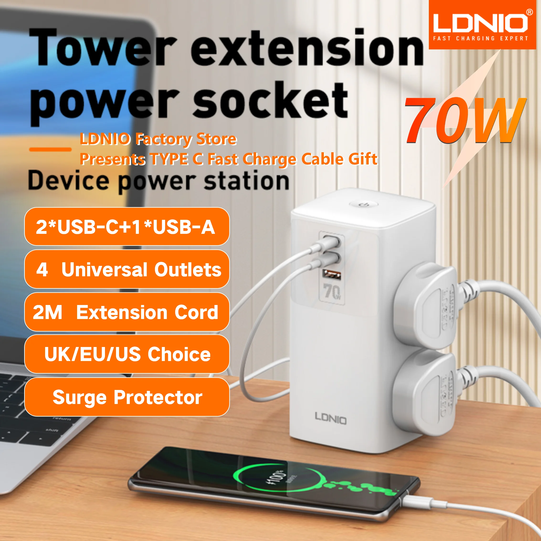 LDNIO 70W USB C Charger 4 AC Outlets 4 USB C USB A Port Power Strip 2M Extension Cord Power Socket Fast Charging Desktop Charger