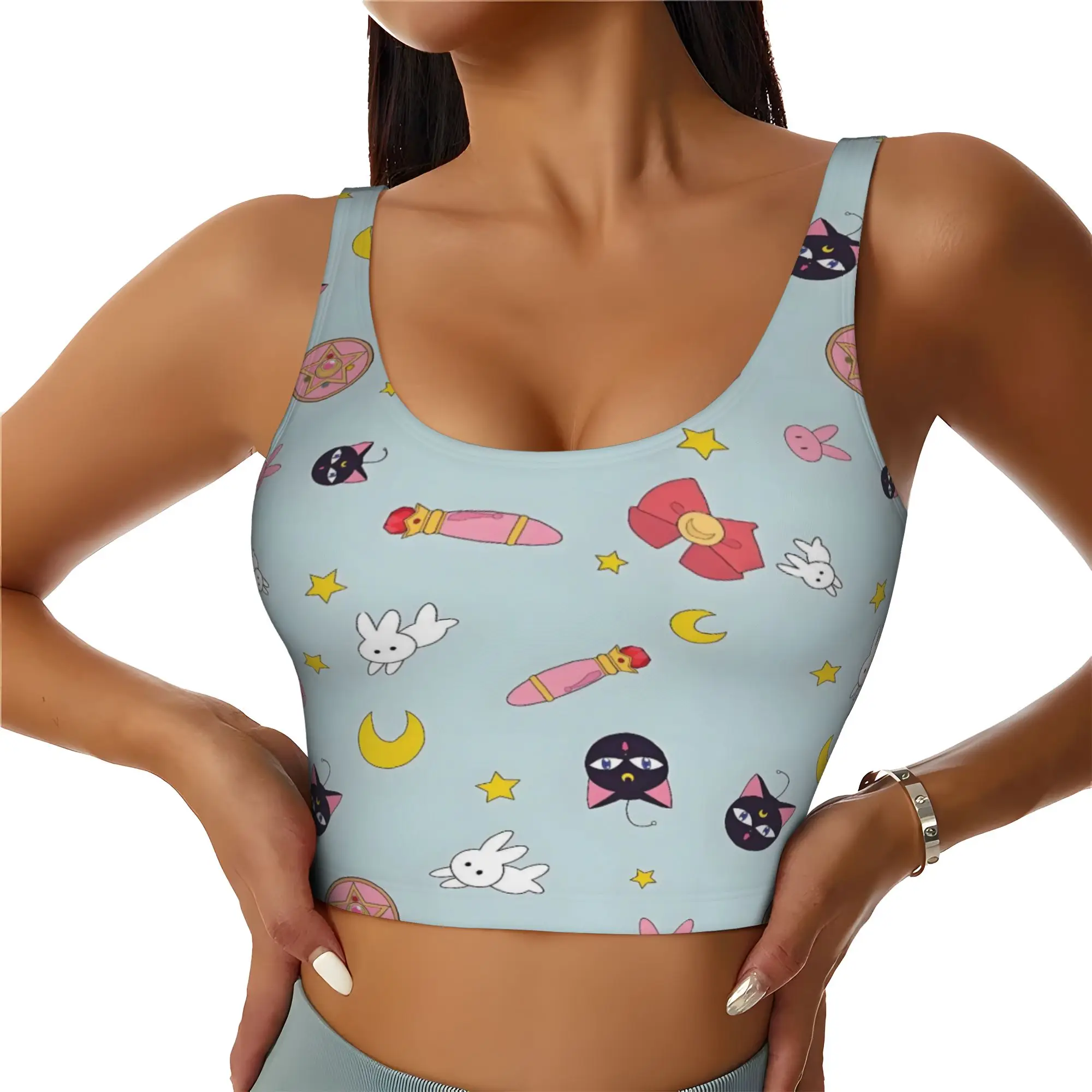 Custom Sailors Anime Moons Sports Bra for Women Usagi Tsukino High Impact Workout Yoga Crop Top