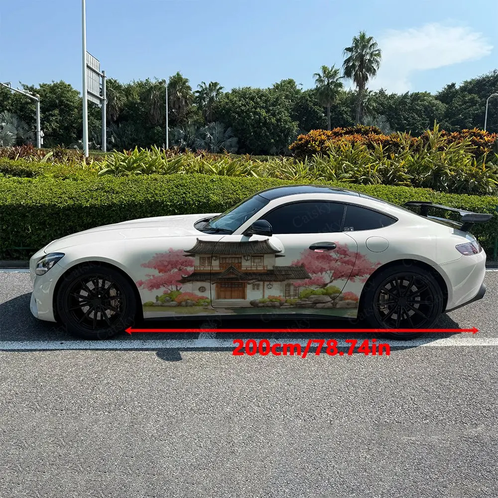 2pcs Oriental Ancient Falling Cherry Car Side Wrap, Self-Adhesive PVC Waterproof & Scratch-Resistant Sticker, Car Accessory Gift