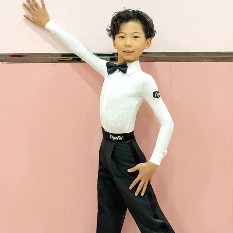 

Latin Competition Dance Costume for Boy White Dancing Shirt Black Pants Children Latin Performance Clothing Latin White Top 2836