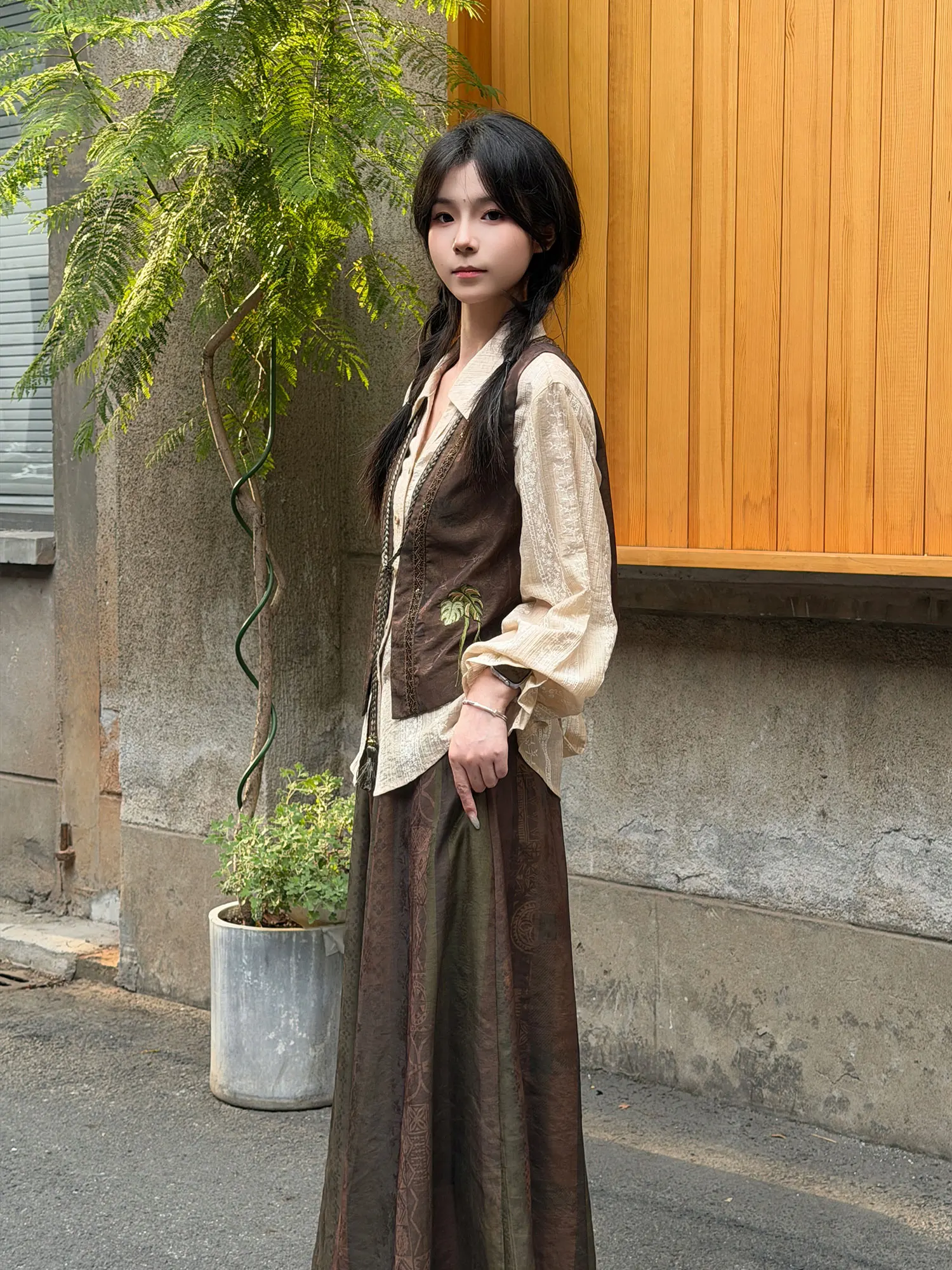 Long Sleeve Hanfu Shirt Wooden Forest Autumn Slim Fit Vest Set National Style Semi-Body Skirt for Women Daily Wear