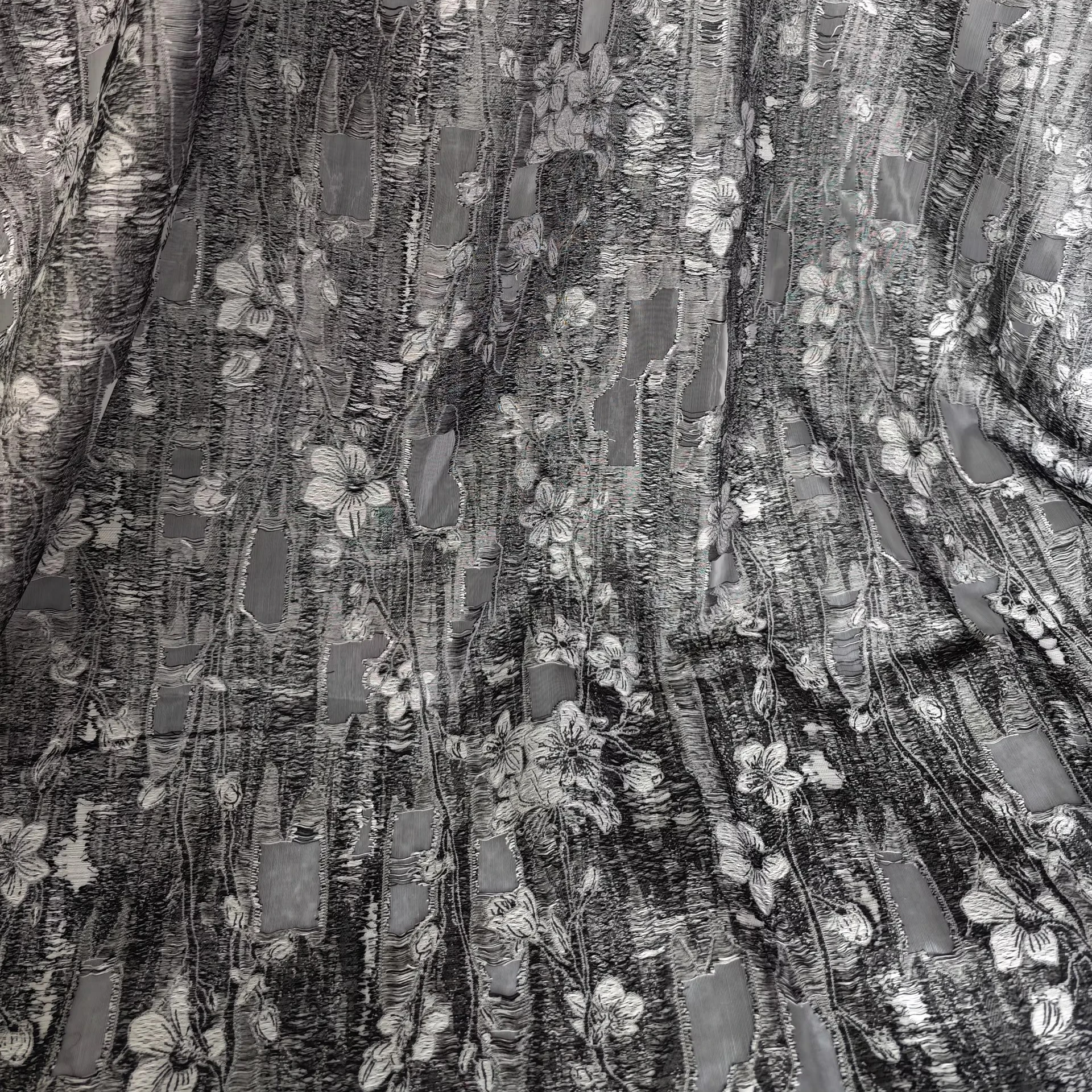 

1yard Creative designer outerwear skirt fabrics for clothing Bark flowers slightly translucent sheared tassel jacquard fabric