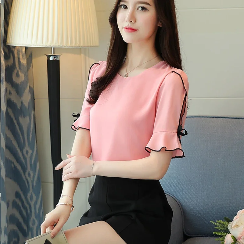 Summer Chiffon Women Blouse Short Sleeve Sweet Elegant Tops Fashion Casual Blouses Bow Clothing