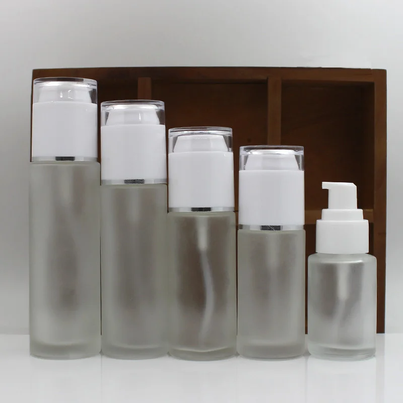 

12 X 30ml 50ml 80ml Frosted Glass Bottle With Mist Spray Lotion Cream Pump Essence Perfume Personal Care Pump Glass Containers