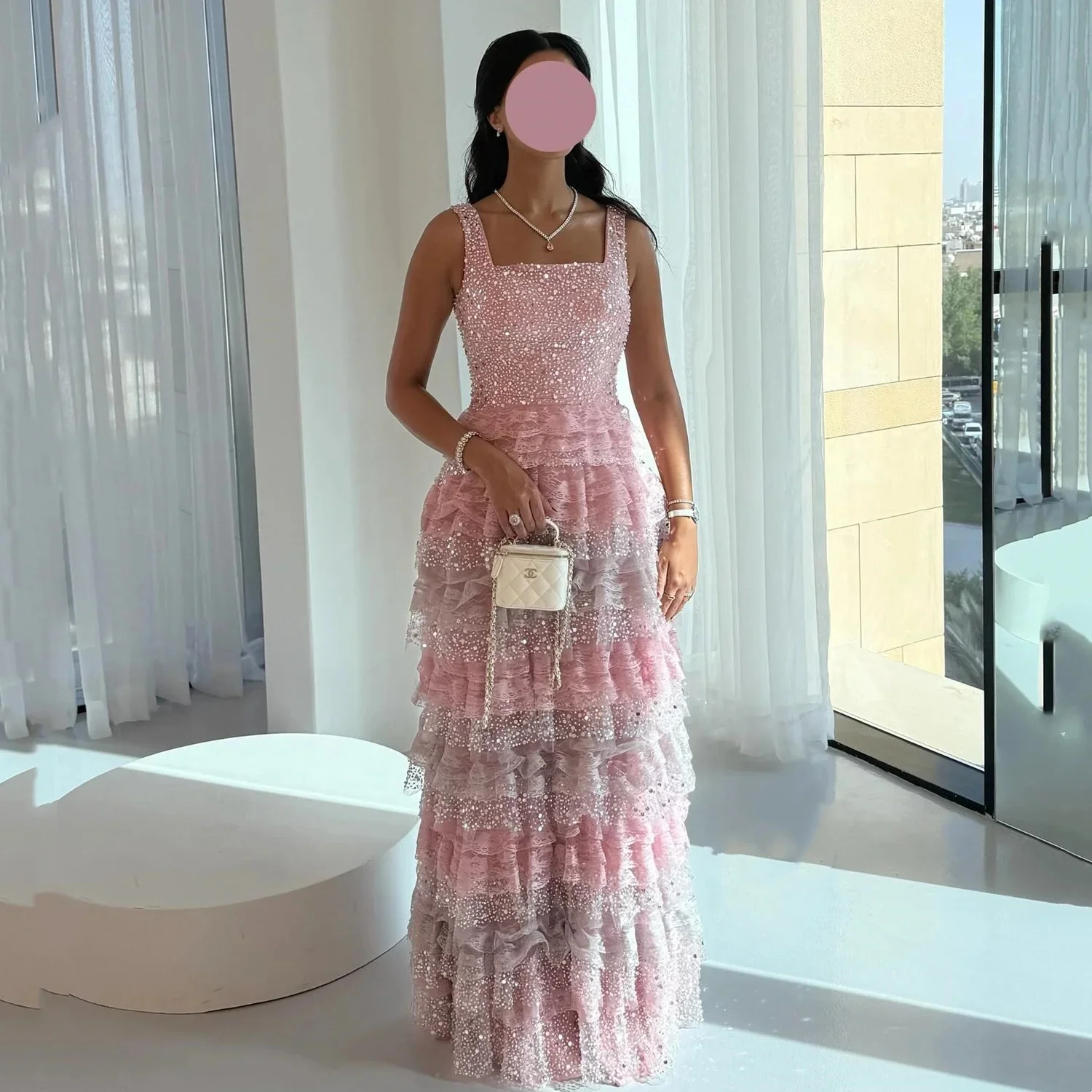 JDY Custom Made Pink Women's Evening Dress Luxury Evening Dress Luxury Vestidos De Festa Sequin Multi Layer فساتين سهر