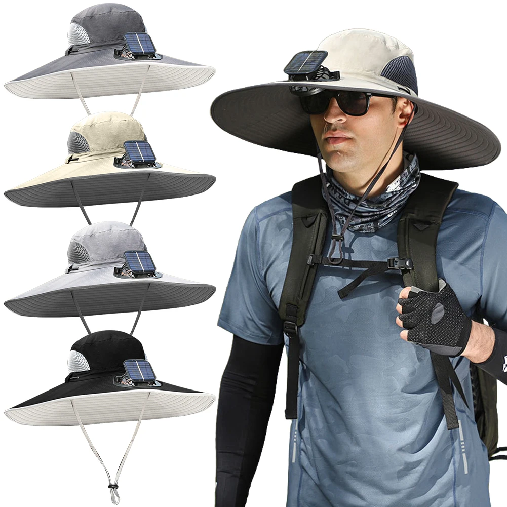 

Summer Men Outdoor Mountaineering Fisherman Hat Rechargeable Solar Fan Big Brim Hat Sunblock Hat 3 Speeds Fan Hiking Fishing Cap