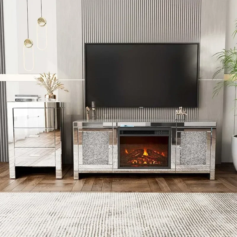 TV Stand Mirrored Media Entertainment Center for TV up to 55 inch, Silver TV Console Table Mirrored Furniture for Living Room