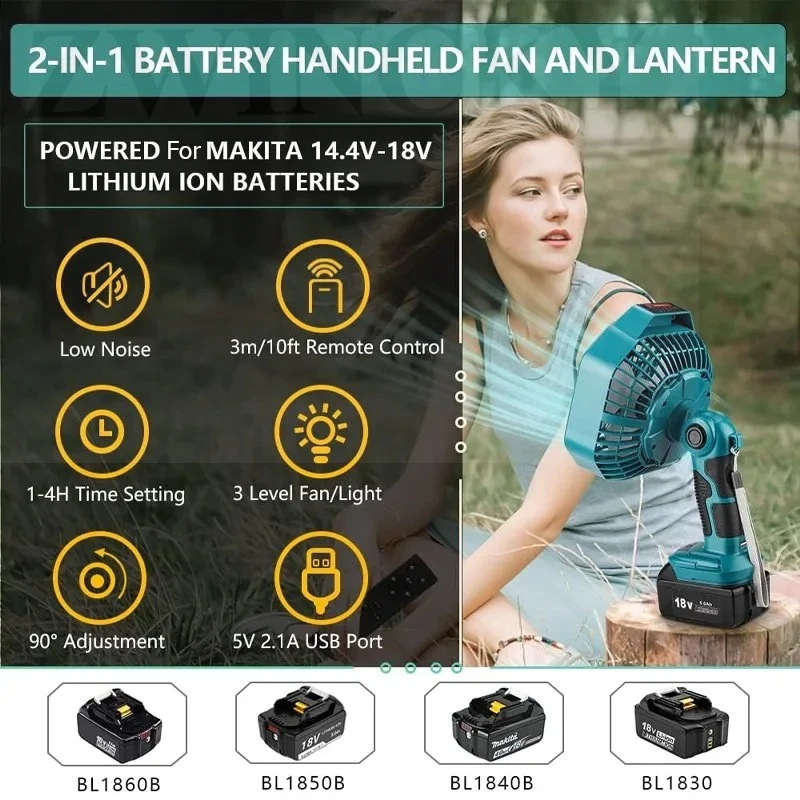 Portable Fan for Makita/Dewal/Milwaukee/Ryobi/BlackDecker/Craftsman 18V lithium Battery Jobsite Fan For Outdoor Camping