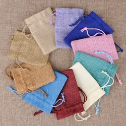 10pcs Natural Linen Burlap Bag  Drawstring Candy Gifts Packaging Bags For Wedding Birthday Party Decor Jewelry Pouches