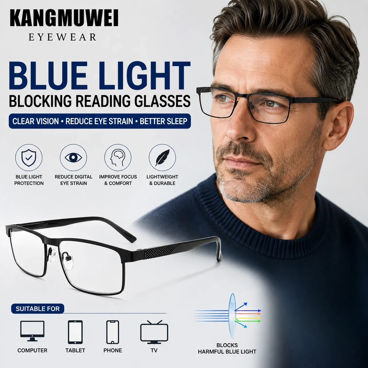 Kangmuwei Ultraleichte Anti-Blaulicht-Lesebrille mit quadratischem Metallrahmen und Federbügeln, lässige und einfache Lesebrille, leicht und langlebig, geeignet für Männer und Frauen