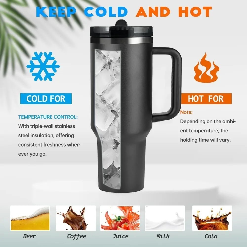 40 Oz / 1200 Ml Insulated Mug with Handle and Straw, Stainless Steel Tumbler with Spill-proof Lid for Hot or Cold Drinks