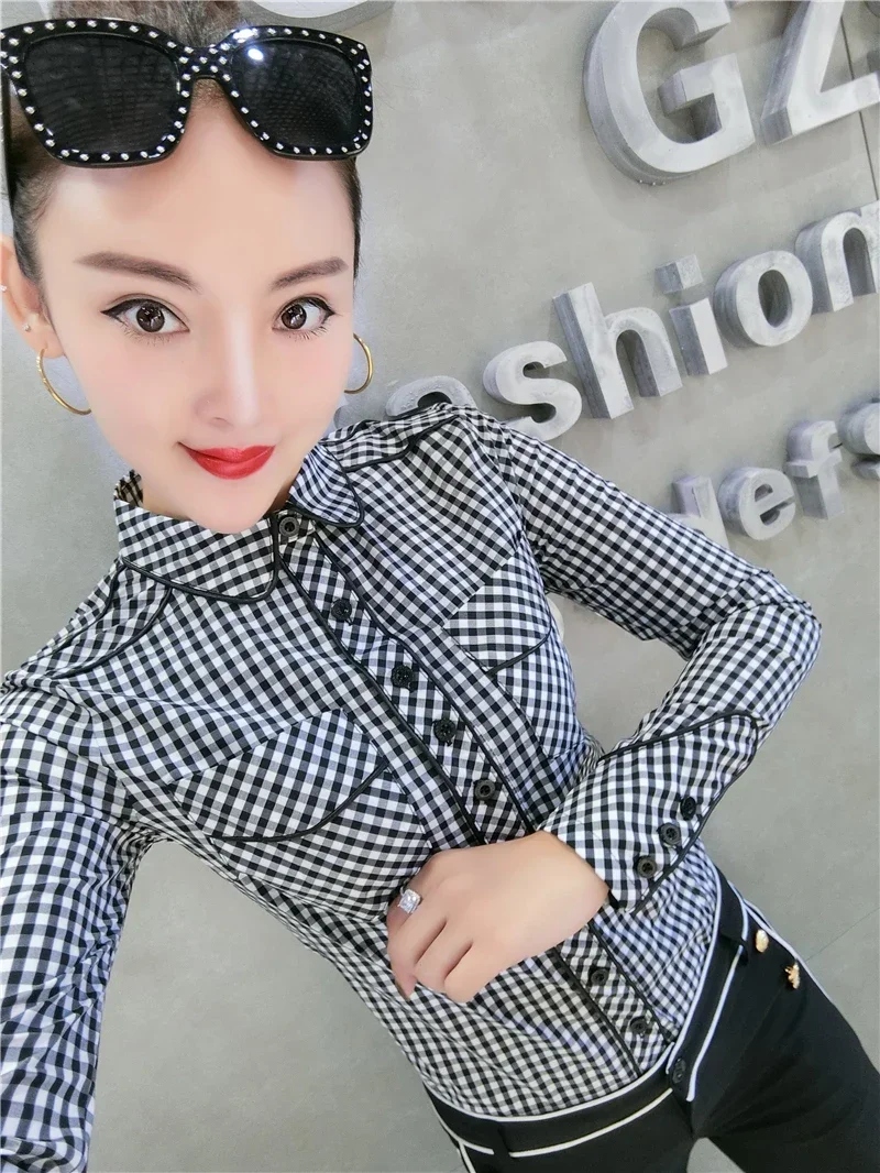 0 Autumn Long Sleeve Turn Down Collar Red Plaid Cotton Shirts Women Office Work OL Blue Plaid Shirts Lady Office Plaid Tops