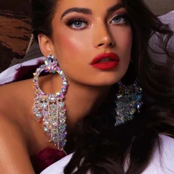 Stonefans Heart Hoop Earrings Large for Women Piercing Rhinestone Trend Fashion 2024 AB Color Tassel Jewelry Dress Accessories