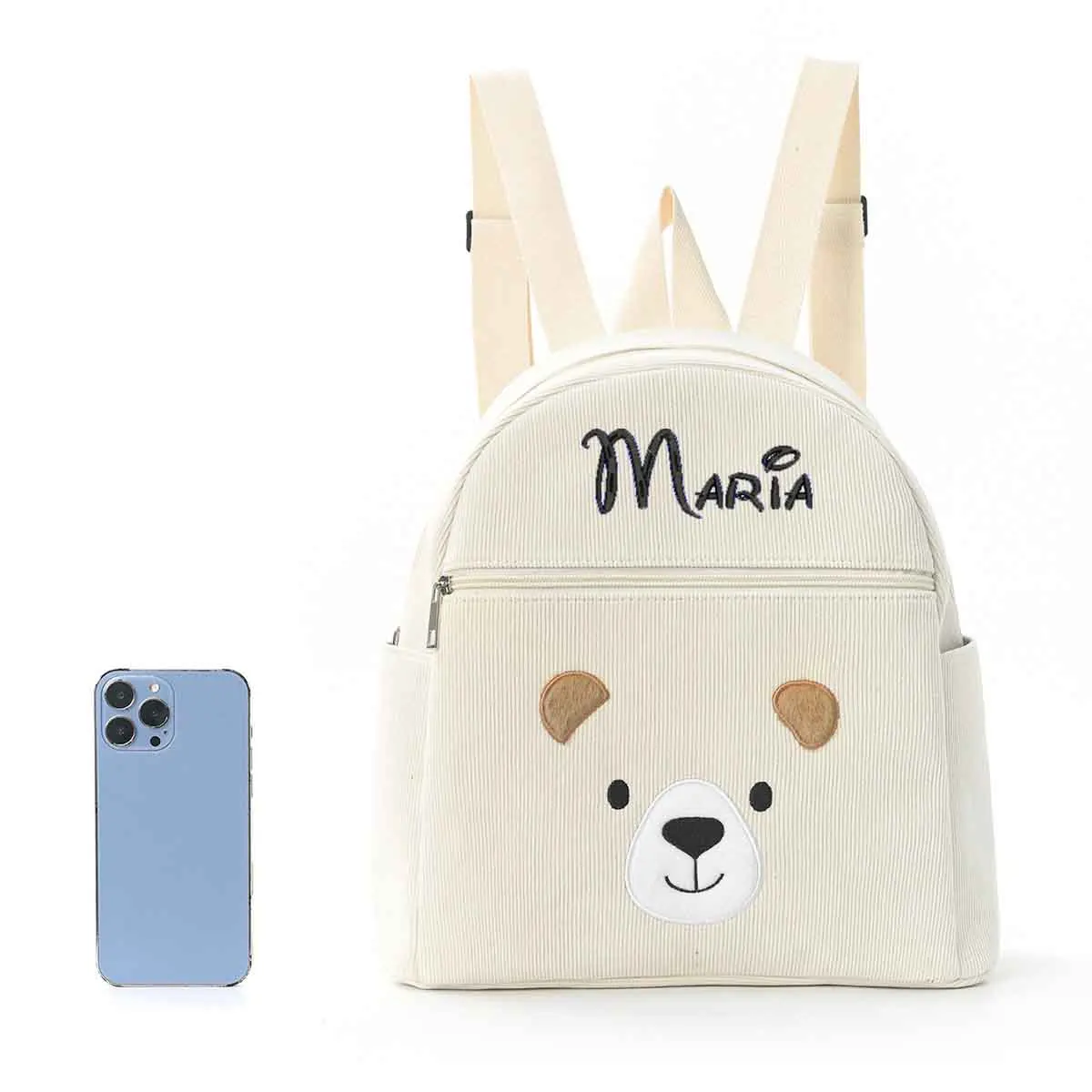 Handmade Custom Cute Teddy Bear Corduroy Backpack Lightweight Children's Travel Bag Unique Embroidered Gift Bag for Students
