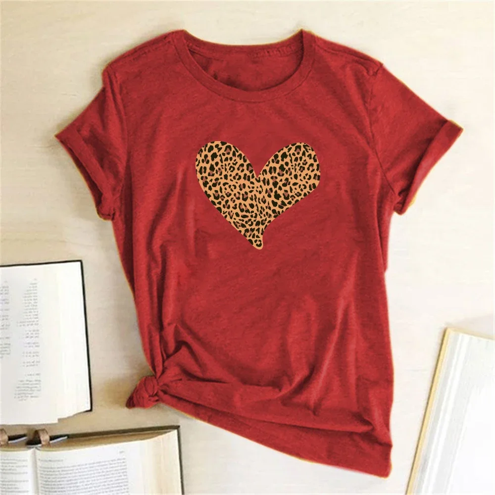 Summer T Shirt for Women Loose T Shirt Woman Harajuku Ropa Mujer Verano Leopard Heart Print Shirts Loose Cattoon Summer Clothing