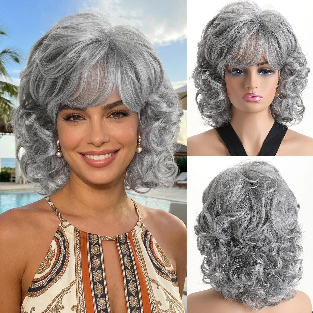 12 Inch Mixed Grey Synthetic Curly Wig, Perfect For Fashion Ladies Daily, Party And Music Festival Wear