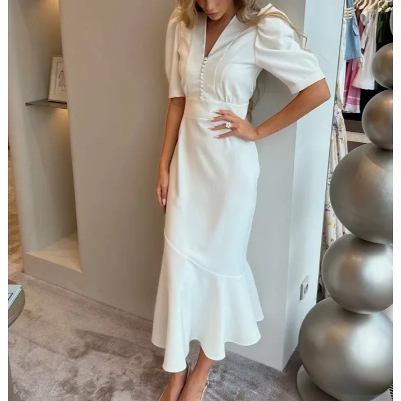 

2026 New High-end Dress Women's V-neck Short-sleeved High-waisted Temperament Elegant White Dress