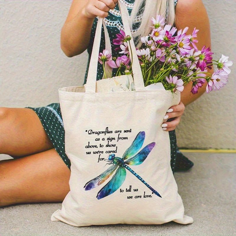 Women's Tote Bag - Beige Handbag with Blue & Purple Dragonfly Print, Machine Washable Polyester Canvas-like Bag for Everyday, Wo