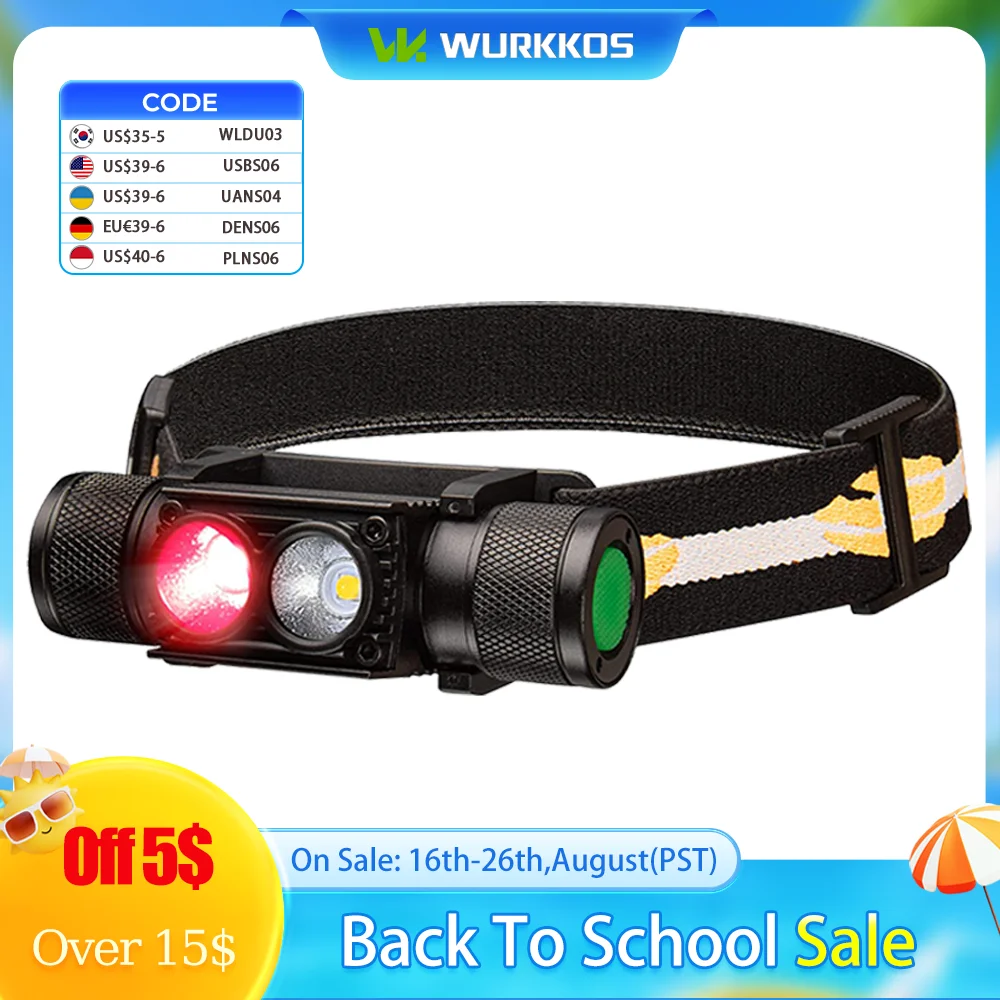 Wurkkos H25LR Lightweight USB Rechargeable Headlamp IPX6 Waterproof Torch Red & White Light 180 °Adjustable for Camping Hiking