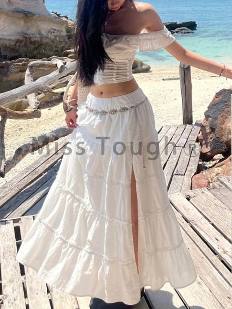 Sweet Korean Style 2 Piece Set Women  New Pure Desire Solid Fairy Suit Female Solid Short Tops+Slim Split Skirt Set 2024 Summer