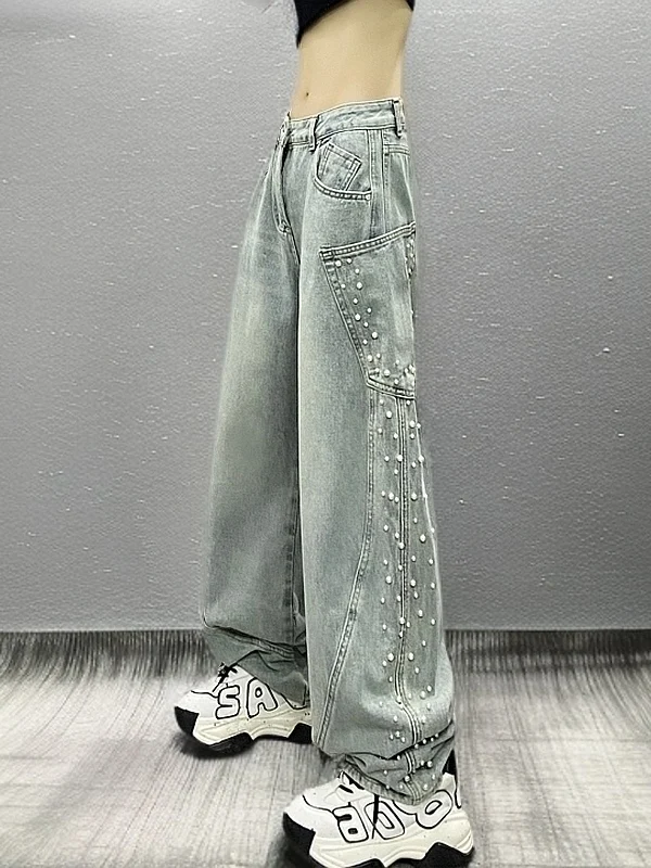 

Spring High Waist Straight Leg Jeans Embellished Pockets Heavy Duty Women's Premium Fashion Long Pants Casual Style