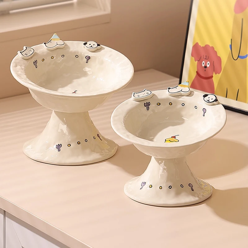 Creative Handmade Cute Ceramic High Footed Tablewarel Neck Protection Cat and Dog Food Bowls, Good-looking Salad Fruit Bowl, 1Pc