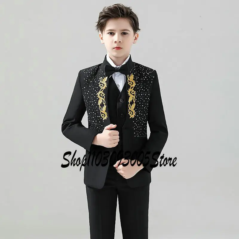 Handsome Black Formal Suits Costume Prom Wedding Kid's Suits Boy Tuxedo Children Clothing Set Cute Party Blazer 3 Pieces