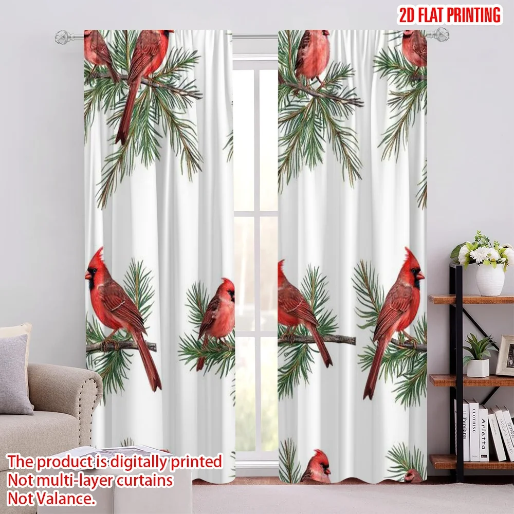 

2pcs 2D flat printing Merry Christmas Window Drapes Christmas Red Bird 100% Polyester Without Electricity Party Decorations Use
