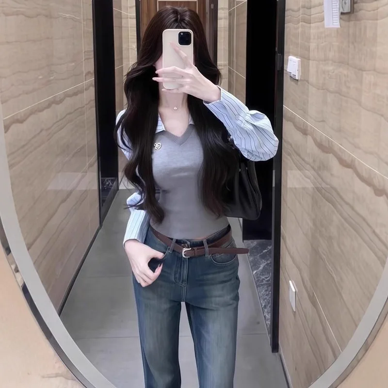 Early Autumn New Striped Fake Two-Piece Patchwork Long Sleeve T-Shirt Women's Casual Design Slim Fit Top 2