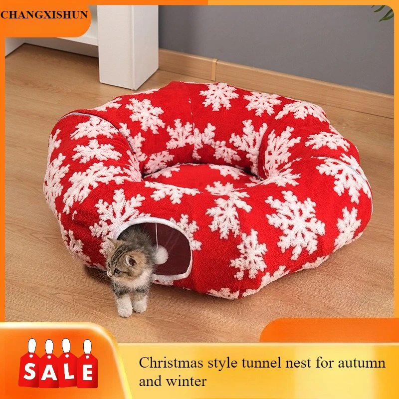 

Рождественский туннель для кошек, гнездо для кошачьего пончика, мягкий туннель для котенка, пончика для гостиной, балкона, обогащенный дом, спальня, упражнения на зиму
