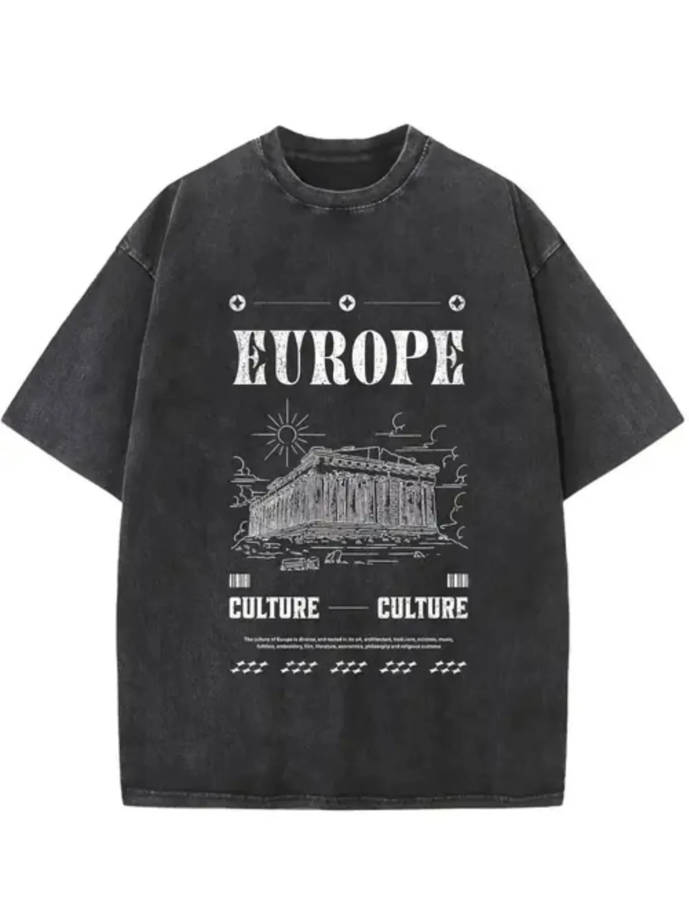 Men's 250 T-Shirt - Vintage European-Style Pattern Print, Featuring Cultural Symbols and Geometric Designs, Loose Round Neck, Machine Washable, Suitable for Casual Wear in All Seasons for Easter, Halloween, Thanksgiving, and Other Holidays