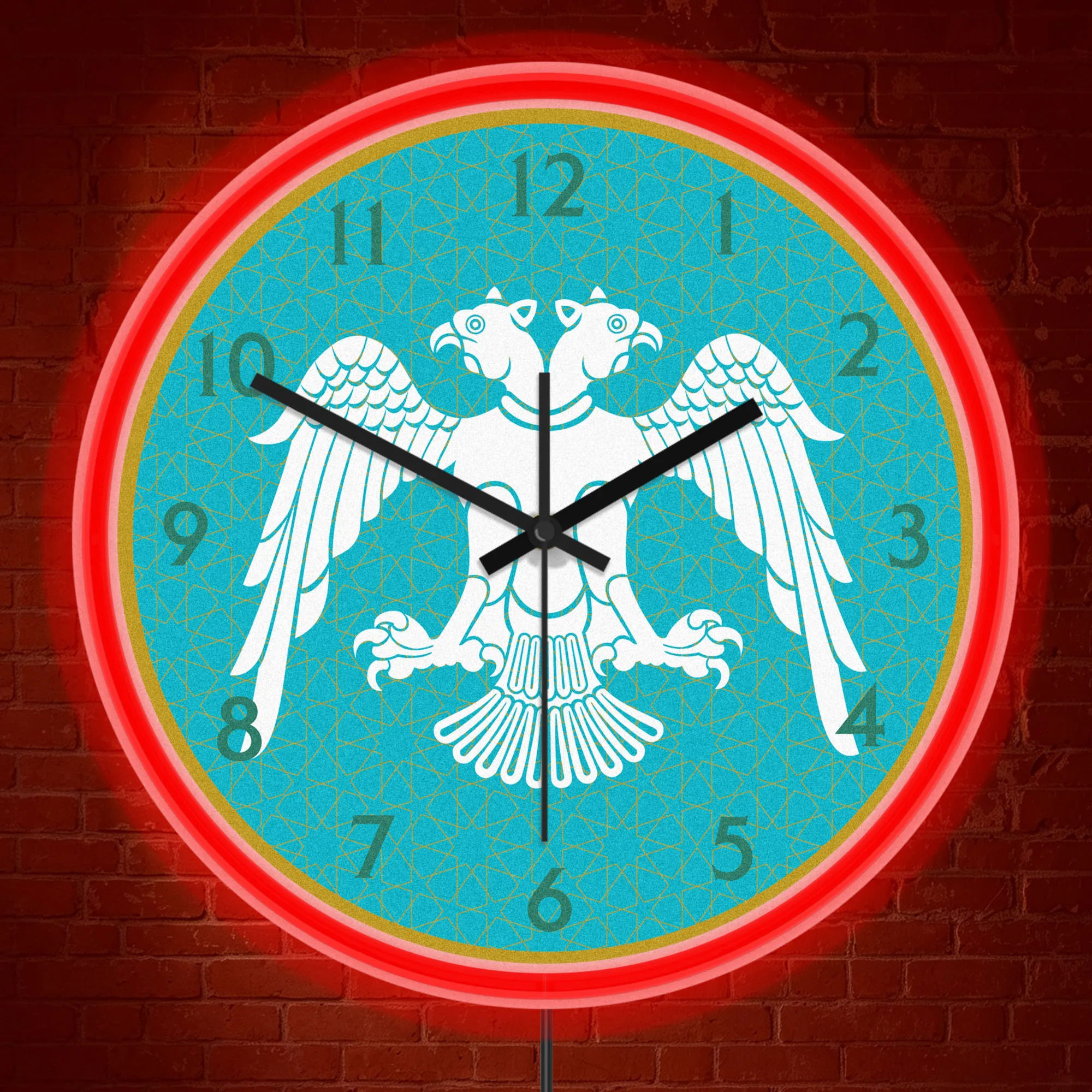 Vintage Double Headed Eagle LED Night Light Neon Wall Clock Heraldry Art Illuminated Sign Glow in Dark for Man Cave Office Room