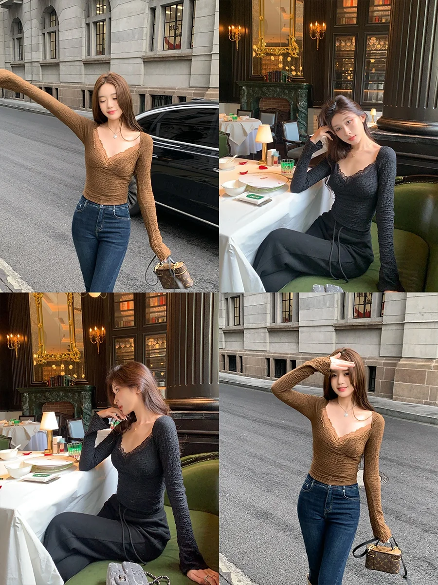 

Bla V-Ne Lace Trim Base irt Slim Fit Bell Sve Top ACHI French Sle Nylon Cotton Polyester Long Sve ort Length