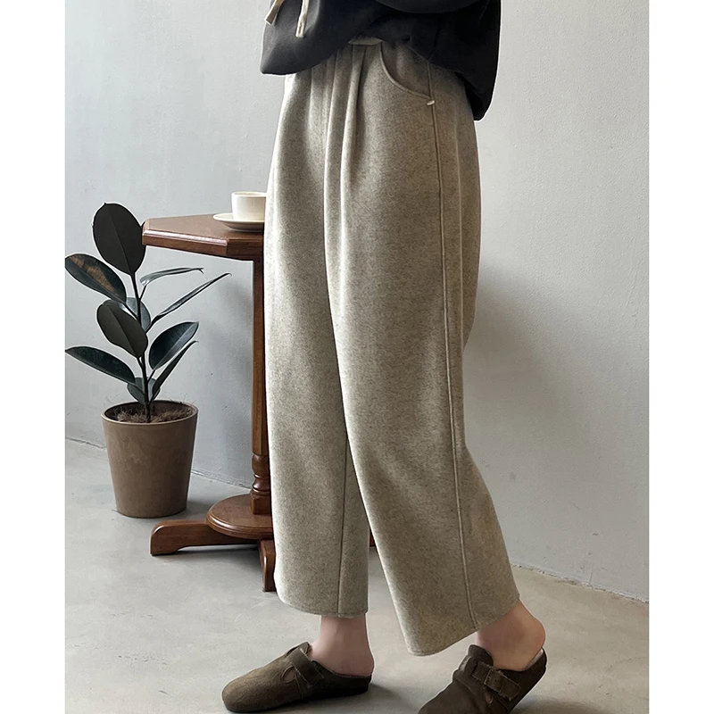 

Woolen Elastic High Waist Casual Versatile Straight Wide Leg Pants For Women 2024 Autumn Winter New Fashion Office Lady Style OL