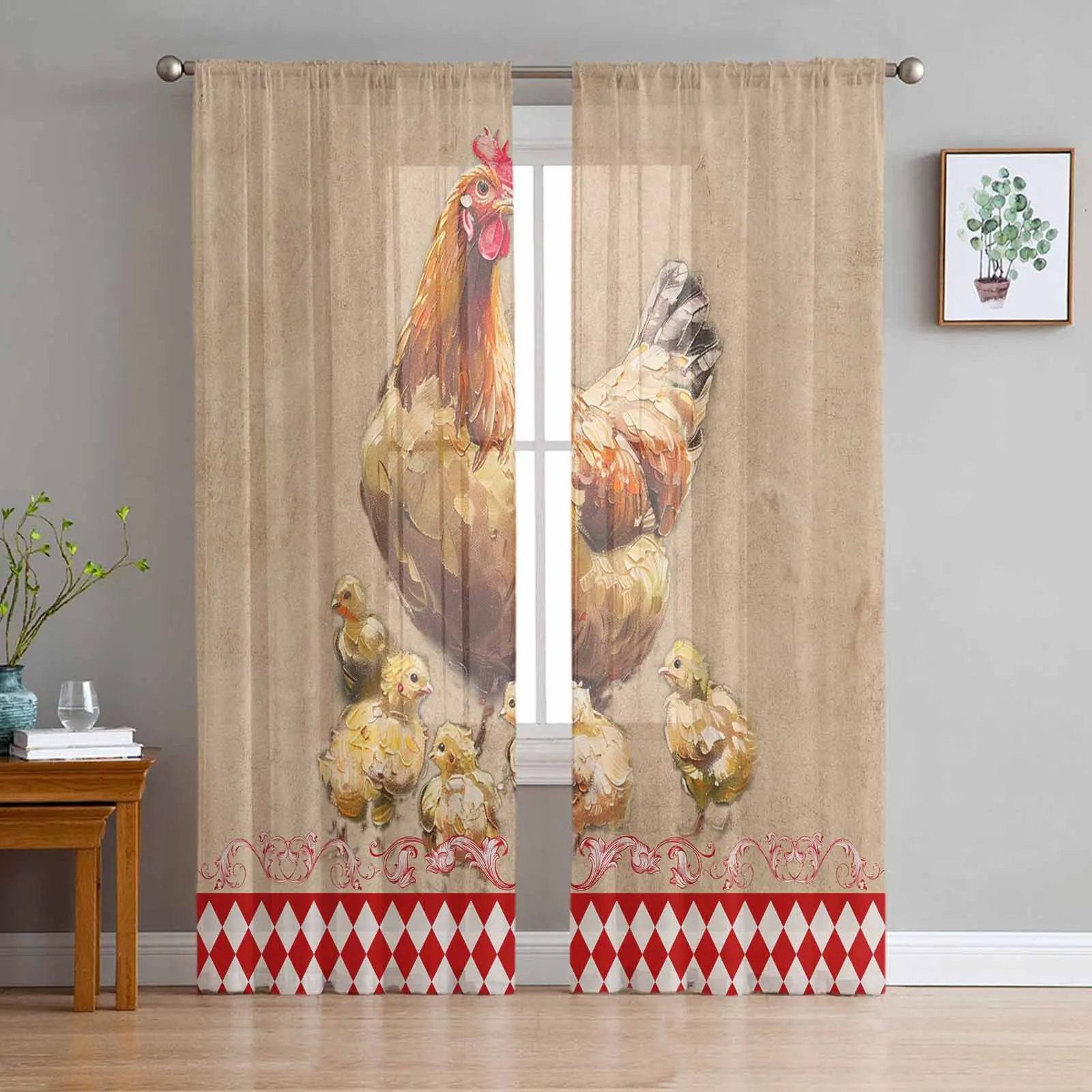 

Retro Country Farm Hen Tulle Curtains for Living Room Bedroom Modern Chiffon Sheer Voile Kitchen Window Curtain