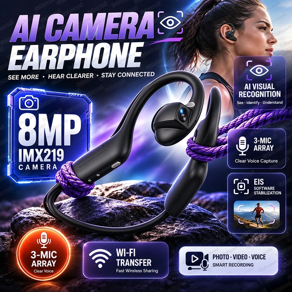 Wireless Charger - Écouteurs intelligents à IA, caméra 8MP,