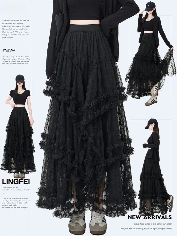 

Deeptown Vintage Gothic Black Long Skirts Women Fairycore Lace Patchwork Grunge Mesh Skirt Punk Streetwear White Layered Skirts