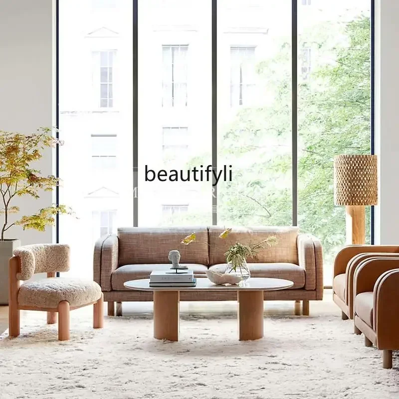 182Q Nordic solid wood sofa chair modern simple chair log color imitation lamb plush leisure chair