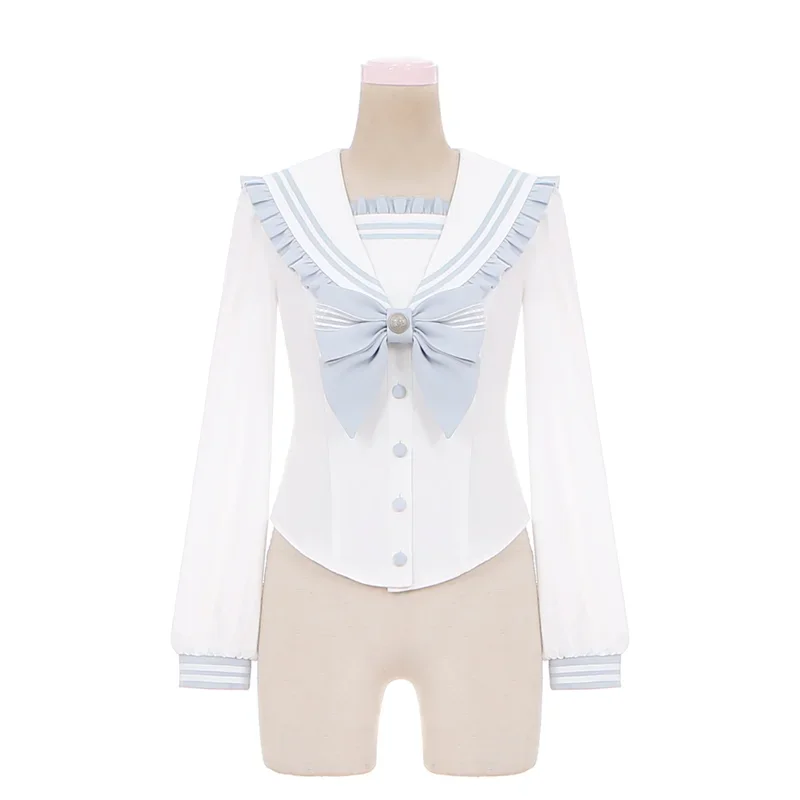 Original Lolita Skirt Set Outfits Slimming Girl Womens Sailor Collar Long/short Sleeve Shirt Top High Waist Suspender Cake Skirt